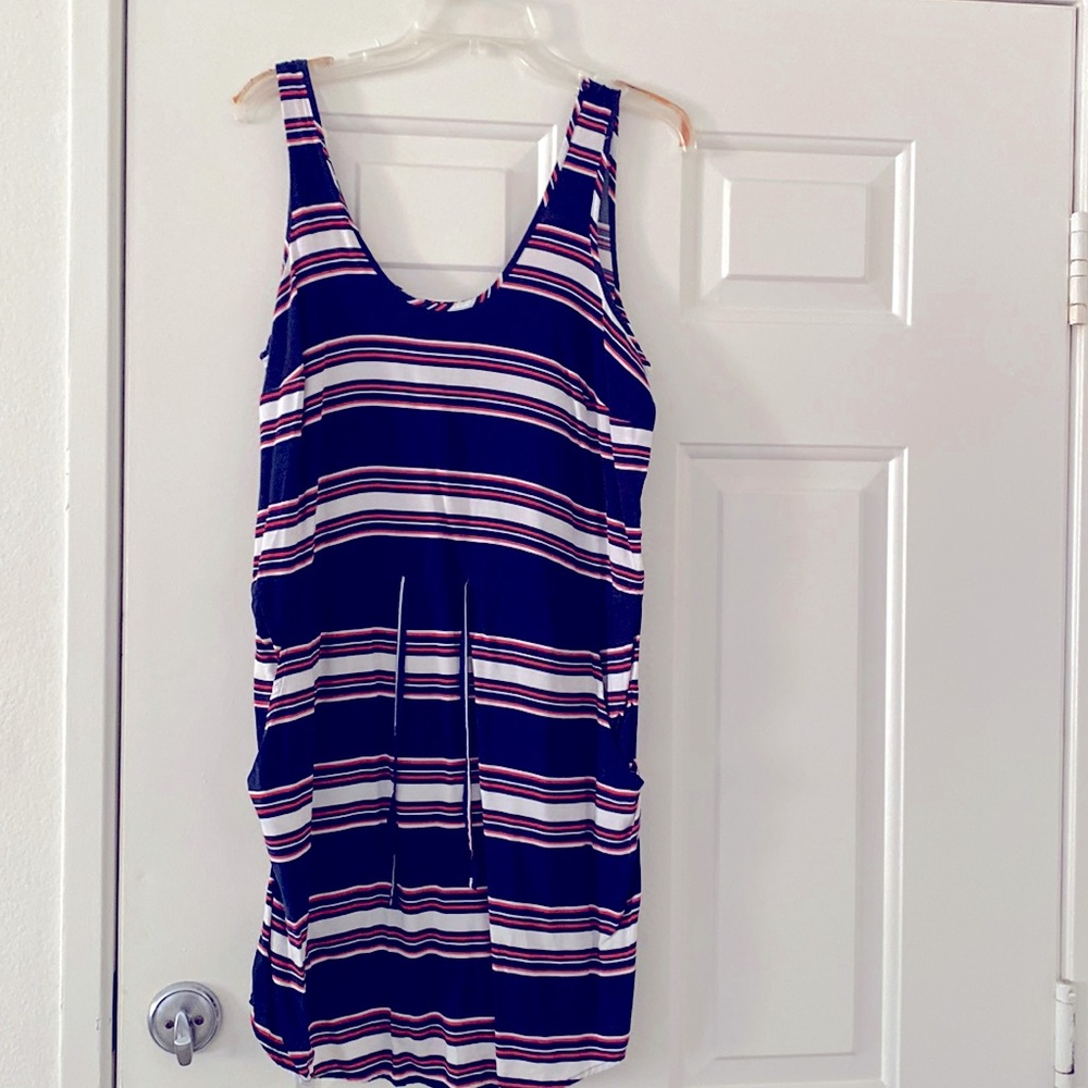 Sleeveless navy, blue and red striped dress